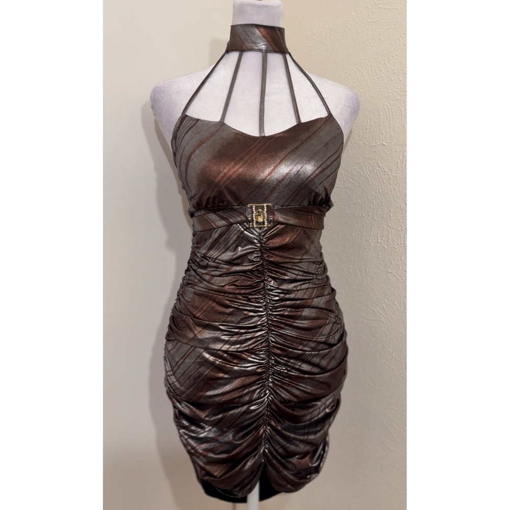 Vintage 90s Y2K Silver Metallic Halter Mini Dress Cyber Futuristic Bodycon XL